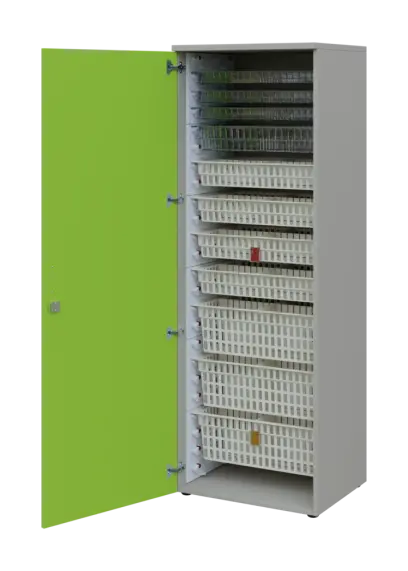 EUROMEDICA D - 66 skříň léková boxová, 1-dveřová, levá, 1950x660x535, korpus šedý, dvířka jarní zeleň